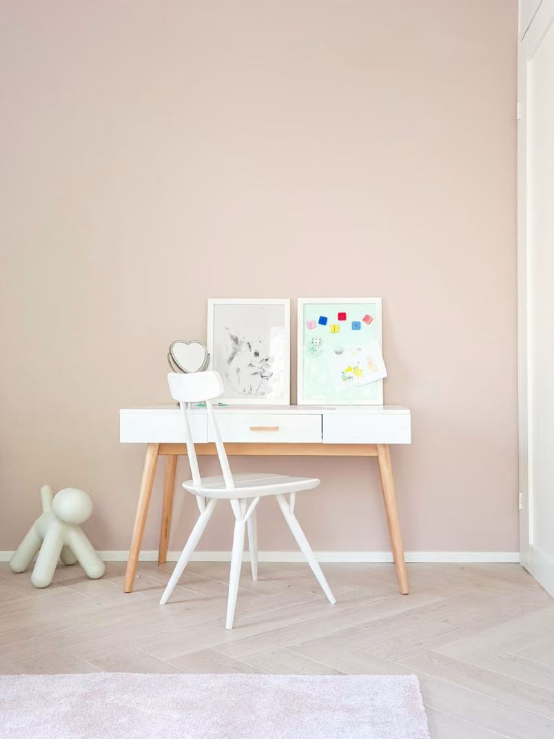 kids room with soft beige colour wall and pastel colour rainbow pattern