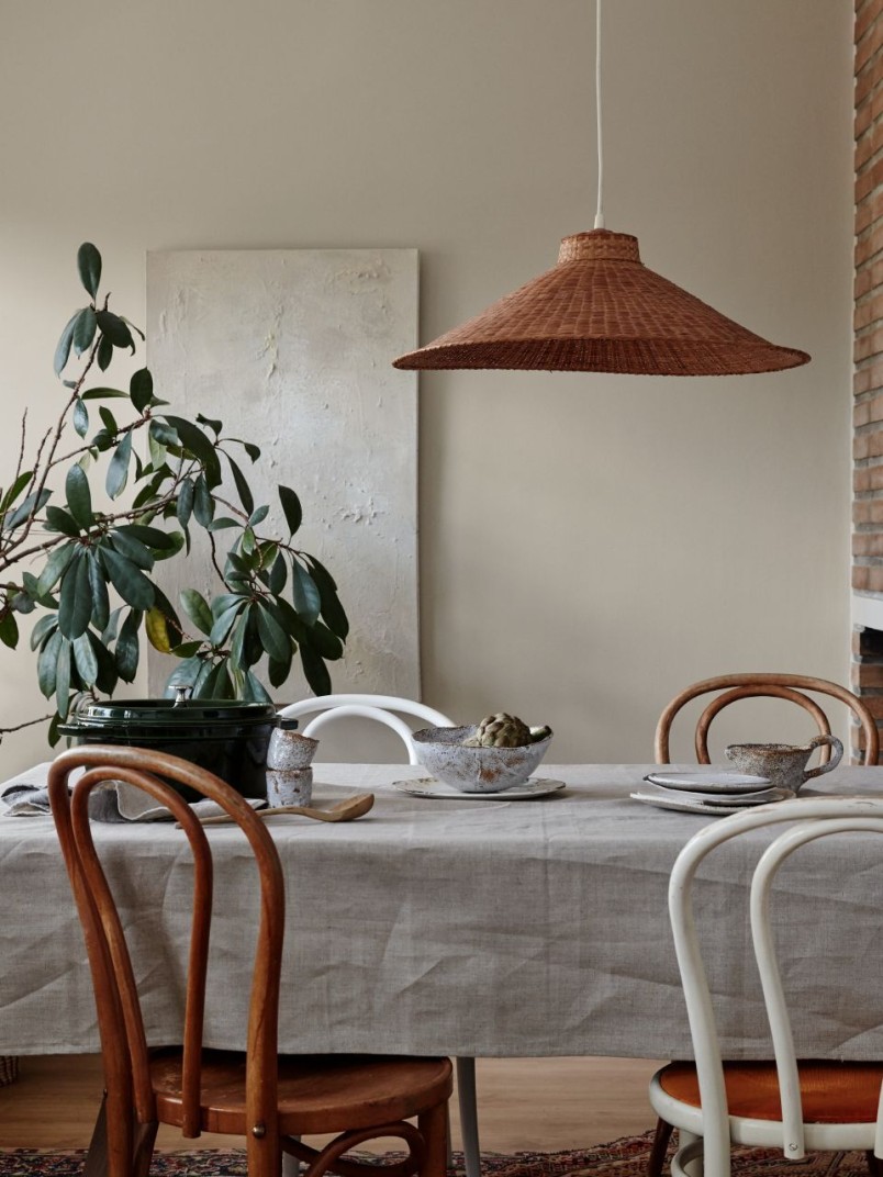 beige colour wall in bohemian style dinning area