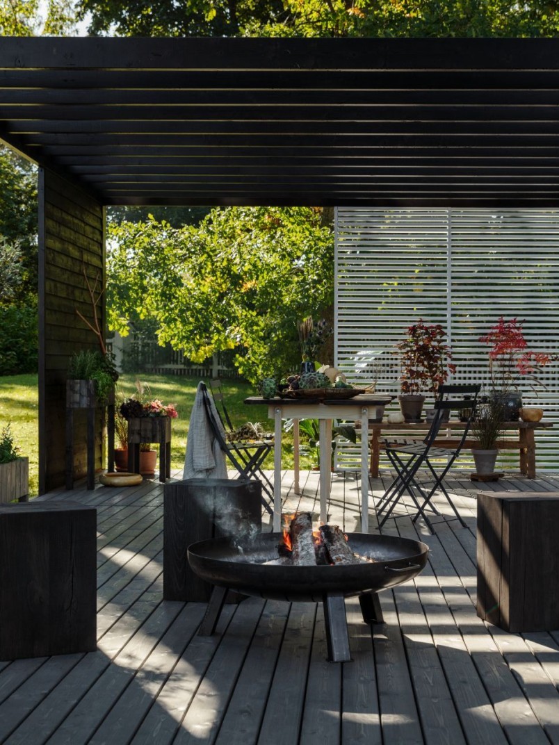 dark colour terrace and wooden furniture