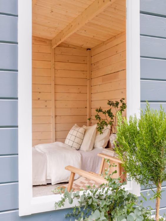 wooden garden cabin with soothing colours