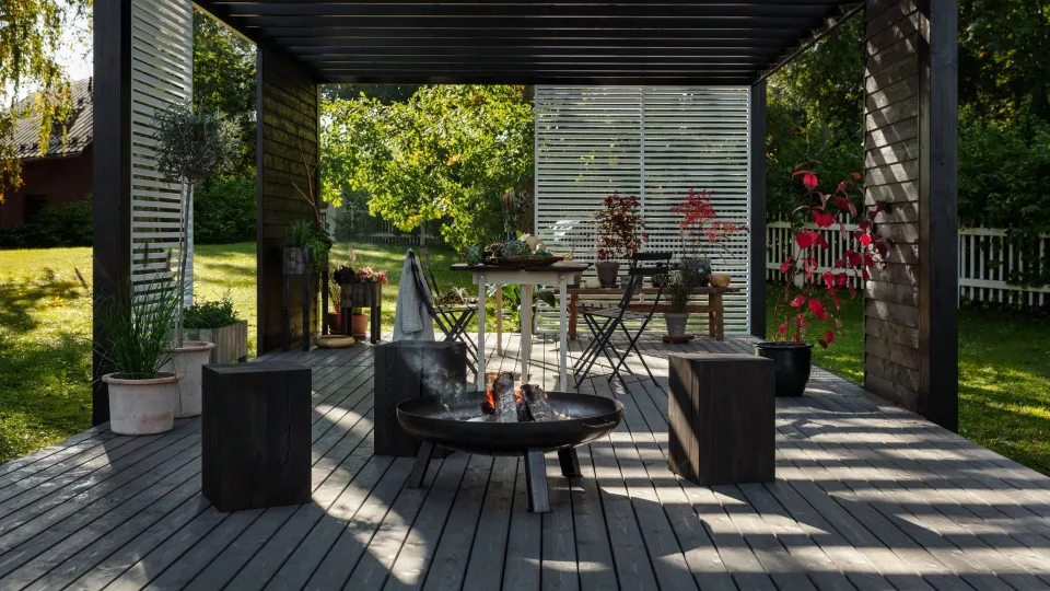 dark colour terrace and wooden furniture