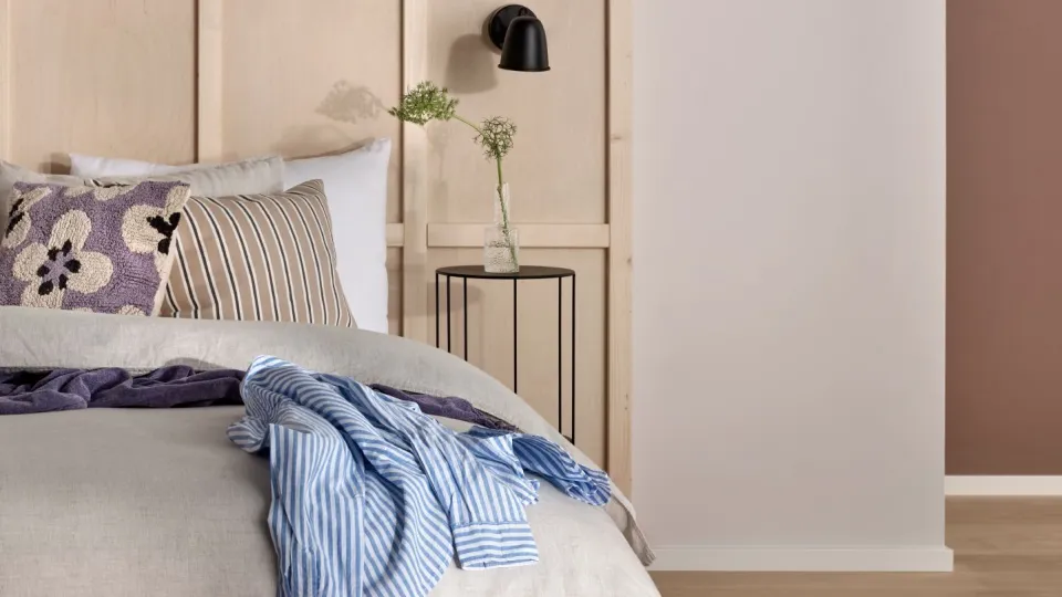 wooden headboard in bedroom
