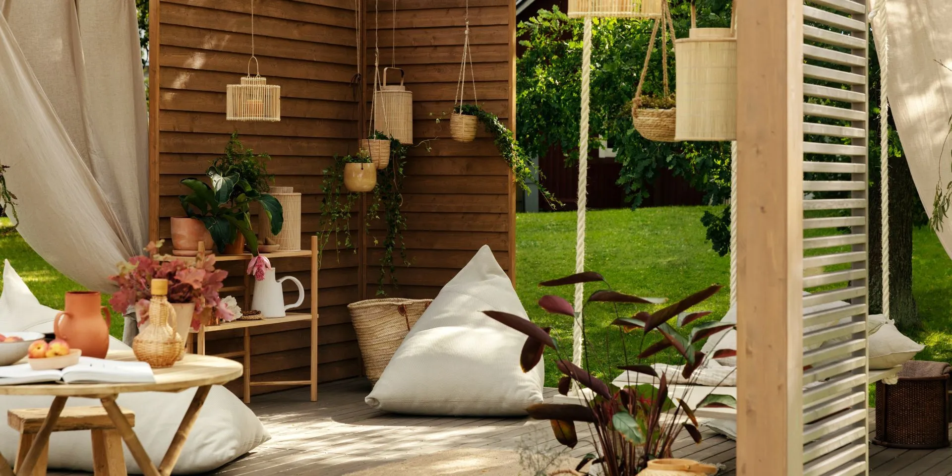 light colour terrace with bohemian style furniture