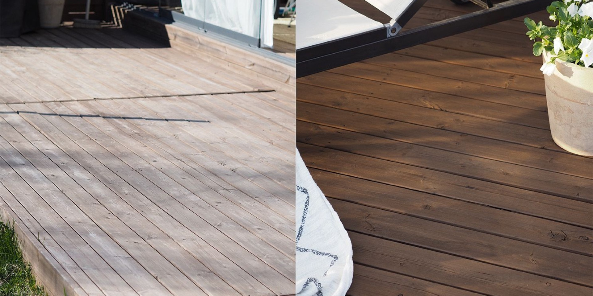 Dry and worn out terrace before and after oiling