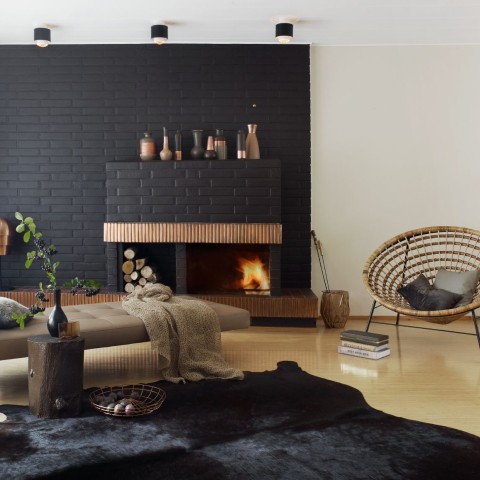 black accent brick wall in modern living room