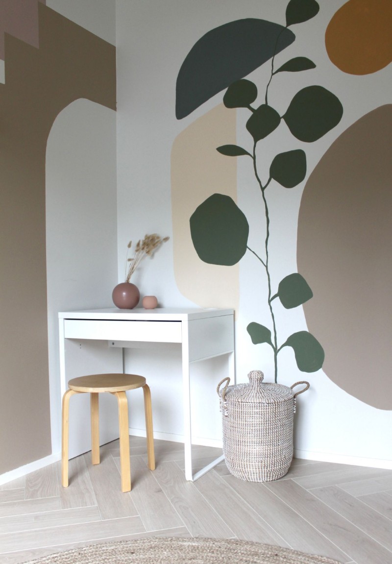 kids room wall with muted beige and green colour patterns